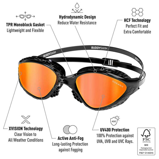 BuddySwim OzeanX Swim Goggles Black/Orange Mirror
