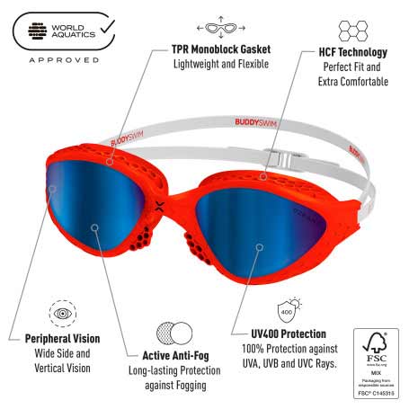 BuddySwim OzeanX Swim Goggles Red-White/Blue Mirror