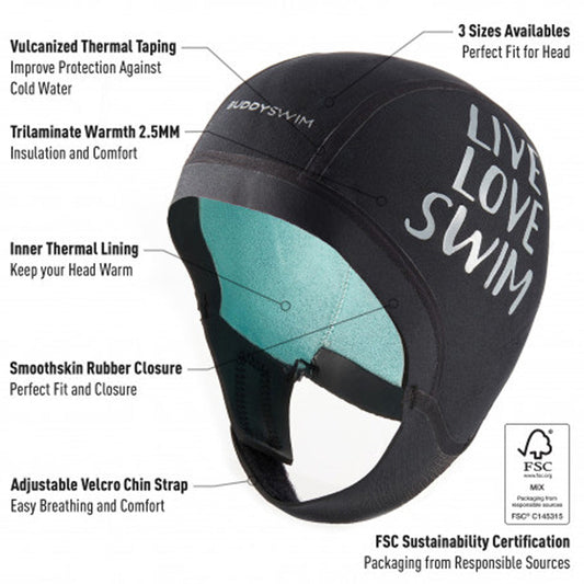 Buddyswim Neoprene Swim Cap Trilaminate Warmth 2.5mm Black