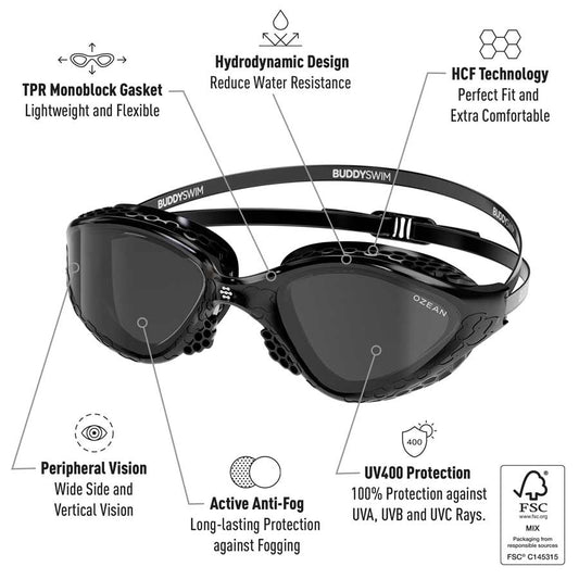 BuddySwim Ozean Swim Goggles Black/Smoke