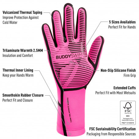 Buddyswim Neoprene Swim Gloves Trilaminate Warmth 2.5mm Pink
