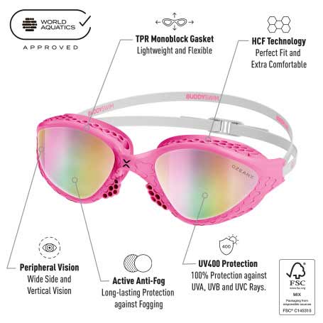 BuddySwim OzeanX Swim Goggles Pink-White/Iridium Mirror