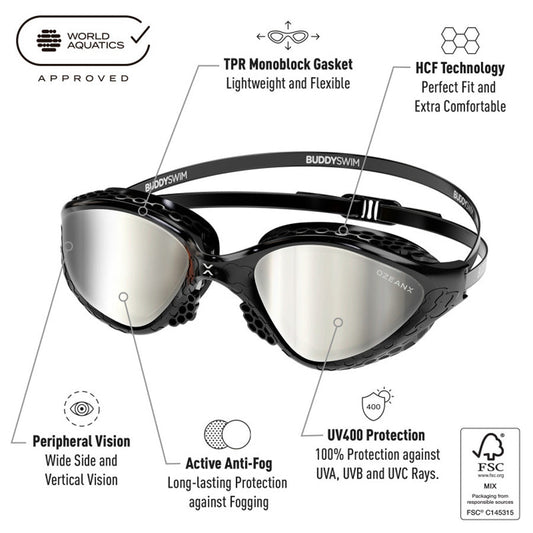 BuddySwim OzeanX Swim Goggles Black/Silver Mirror