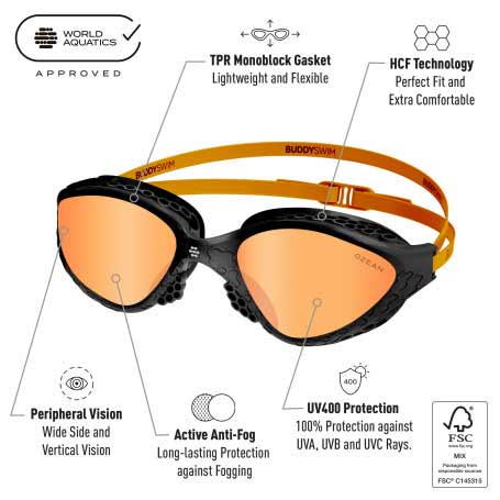 BuddySwim Ozean Swim Goggles Black-Orange/Orange