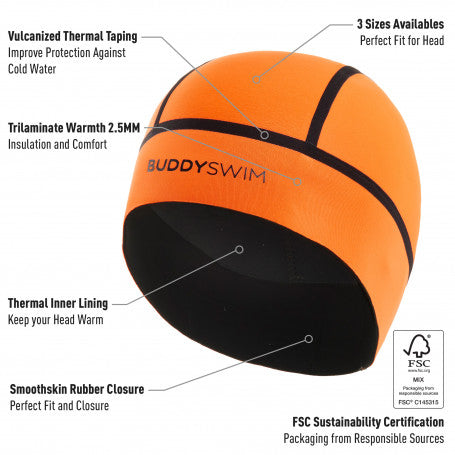 BuddySwim Neoprene Strapless Swim Cap Trilaminate Warmth 2.5mm Orange