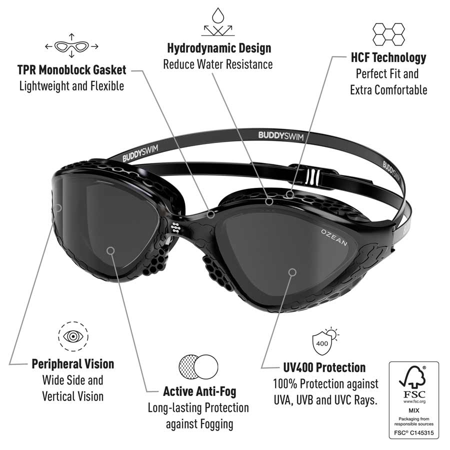BuddySwim Ozean Swim Goggles Black/Smoke
