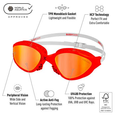 BuddySwim OzeanX Swim Goggles Red-White/Orange Mirror