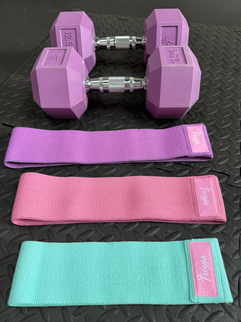 A pair of Freyja Fit 12.5 kg pink dumbbells positioned on a textured black surface, accompanied by three pastel resistance bands in purple, pink, and teal.