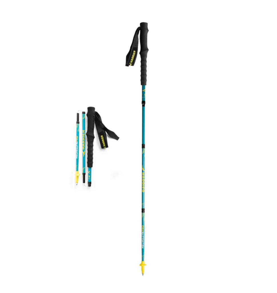 A pair of Harrier Helvellyn PRO Carbon Z-Poles V2 trail running poles, featuring EVA foam grips and fleece-lined wrist straps, displayed in both extended and folded positions.