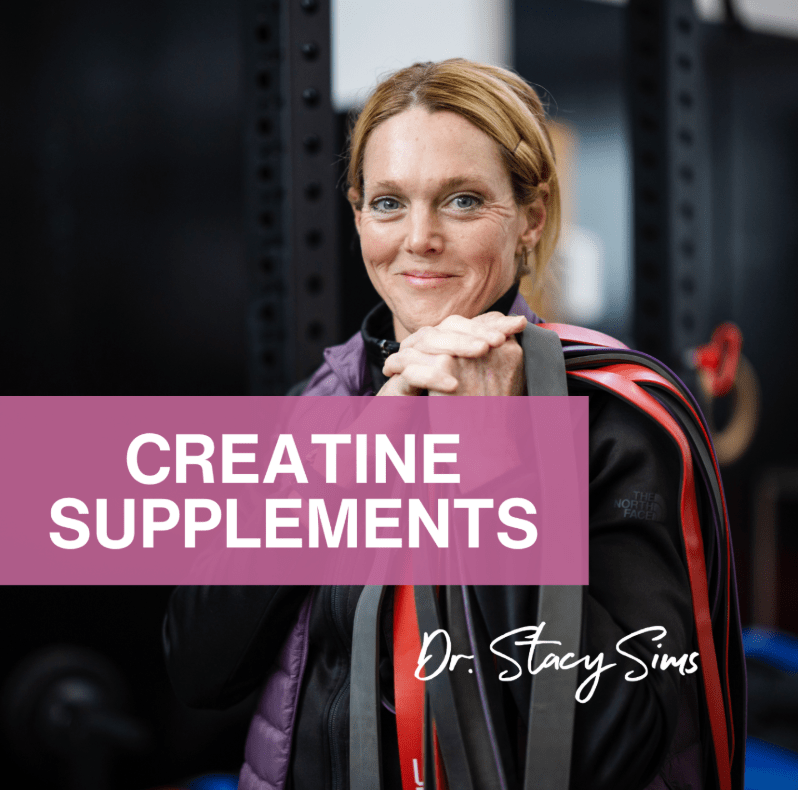 A female athlete smiling while holding resistance bands, featuring a text overlay that reads 'CREATINE SUPPLEMENTS' with Dr. Stacy Sims' name.