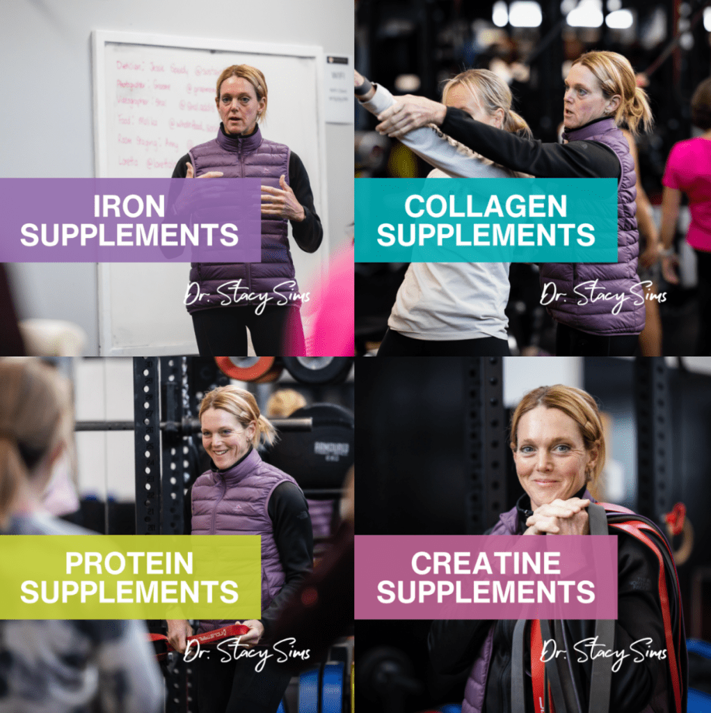 A collage of four images featuring a female instructor discussing different types of supplements: iron, collagen, protein, and creatine, in a gym setting.