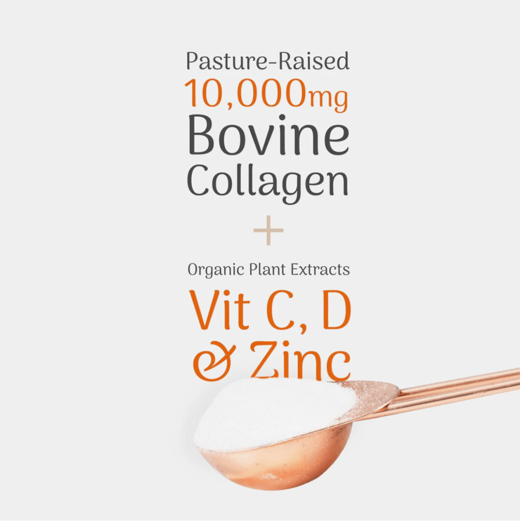 Image of a spoon filled with collagen powder, featuring text that highlights 'Pasture-Raised 10,000mg Bovine Collagen + Organic Plant Extracts Vit C, D & Zinc'.