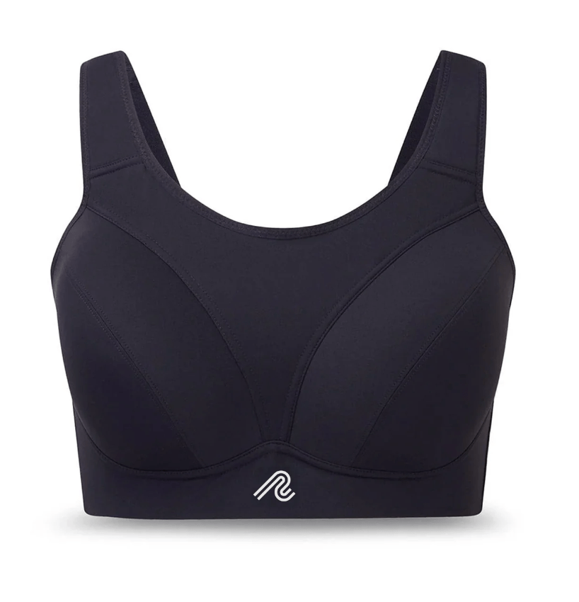 Black Runderwear Power Running Bra with wide shoulder straps and racerback design, showcasing its smooth and structured fabric.