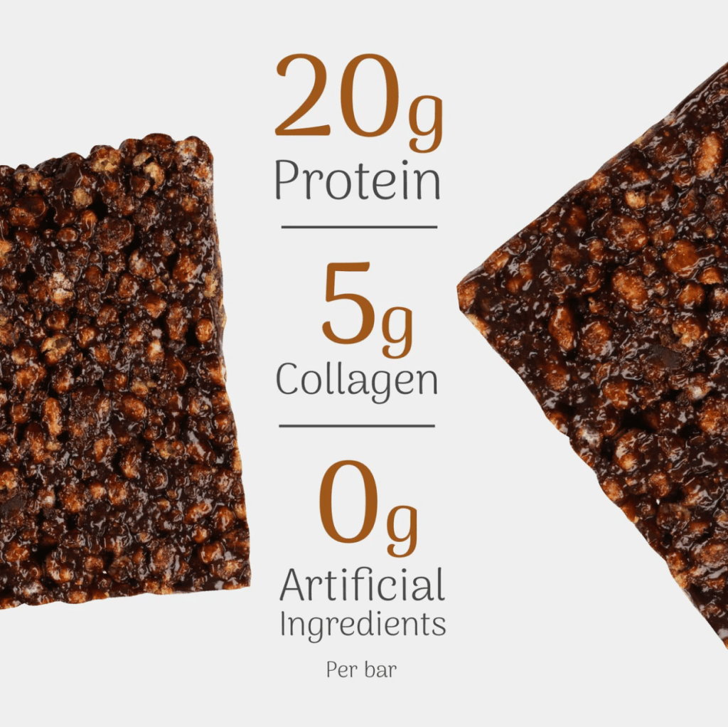Image of Veloforte Cocoa & Stem Ginger High Protein Crunch Bar highlighting nutritional information: 20g protein, 5g collagen, 0g artificial ingredients.
