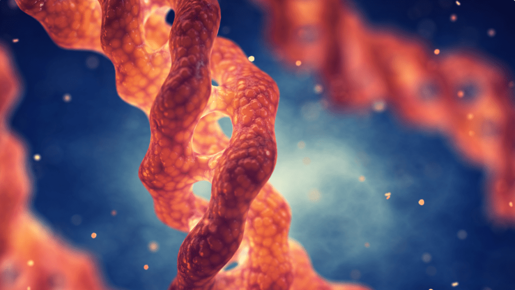 Close-up illustration of a collagen molecule, showcasing its twisted structure and texture.