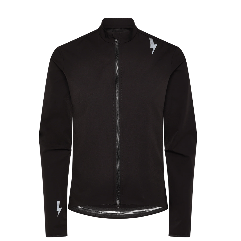 A fitted black women's cycling jacket featuring a zip front, minimalist design, and reflective logo accents.