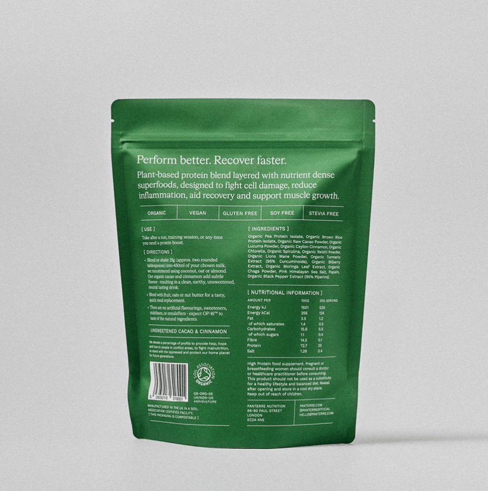 Back view of a green protein powder package featuring usage instructions, ingredient list, and nutritional information, with emphasis on its organic and vegan qualities.