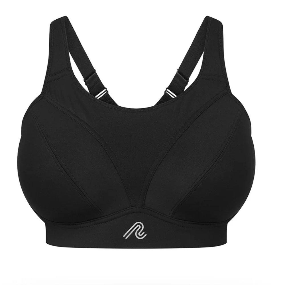 High-support Runderwear black running bra designed for women, featuring wide straps and encapsulation support for comfort and performance.