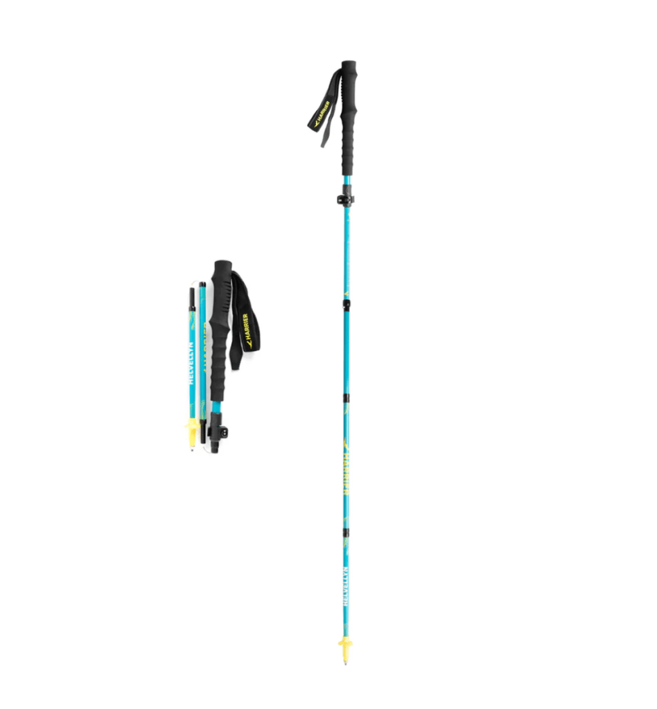 A pair of Harrier Helvellyn PRO Carbon Z-Poles V2, showcasing both a folded and extended position, designed for trail and ultra runners.