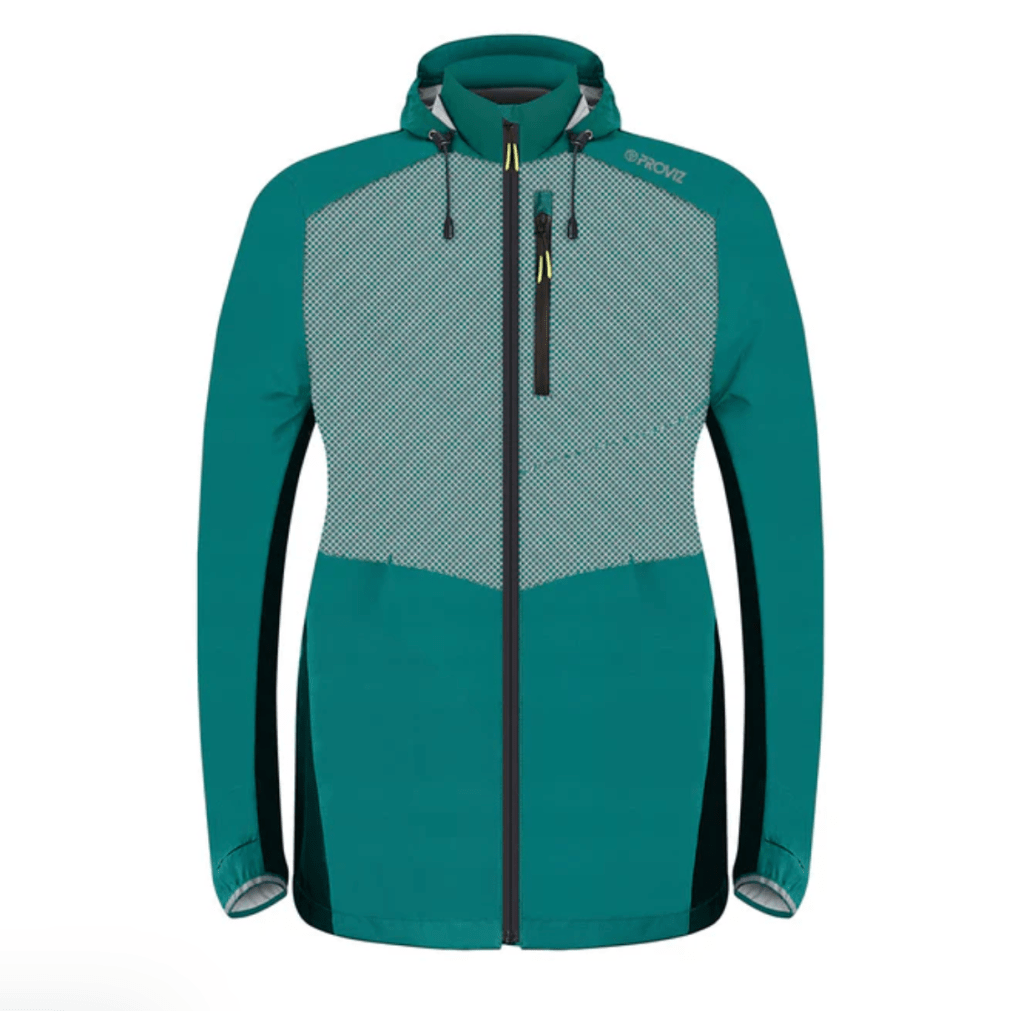 A teal high-visibility running jacket with mesh panels and a zippered front, designed for outdoor runners.