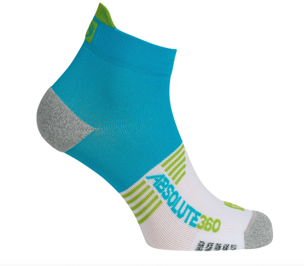 A close-up of a blue running sock with grey and white accents, featuring branding and a comfortable design.