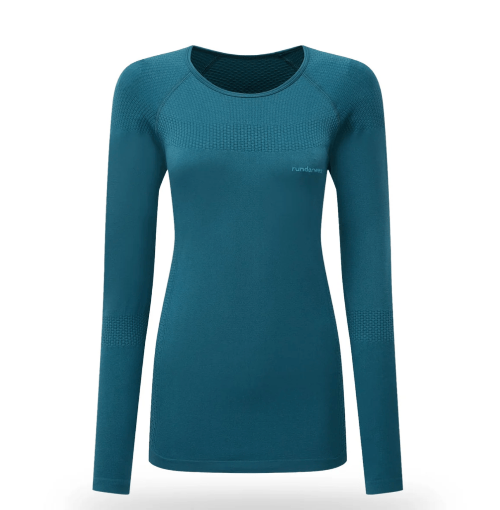 Long sleeve, teal colored base layer shirt designed for winter training, featuring a textured pattern on the sleeves and body.