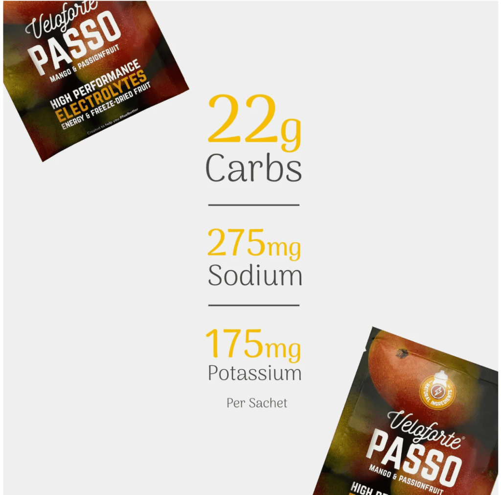 Nutritional information for Veloforte Passo Mango & Passionfruit: 22g carbs, 275mg sodium, 175mg potassium per sachet.