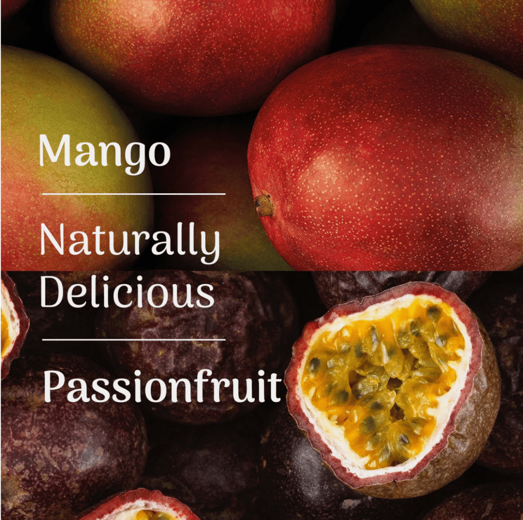 Close-up image of ripe mangoes and passionfruits, showcasing vibrant colors and textures with the text 'Mango' and 'Passionfruit' labeled above 'Naturally Delicious'.