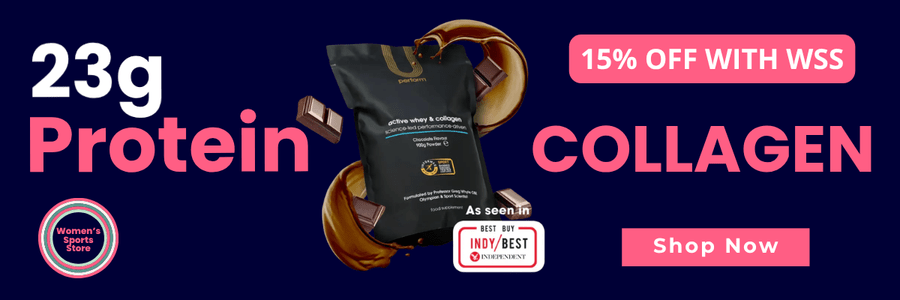 Promotional graphic for a protein powder featuring 23g of protein per serving, highlighting collagen content. Includes a discount offer and call to action to shop now.